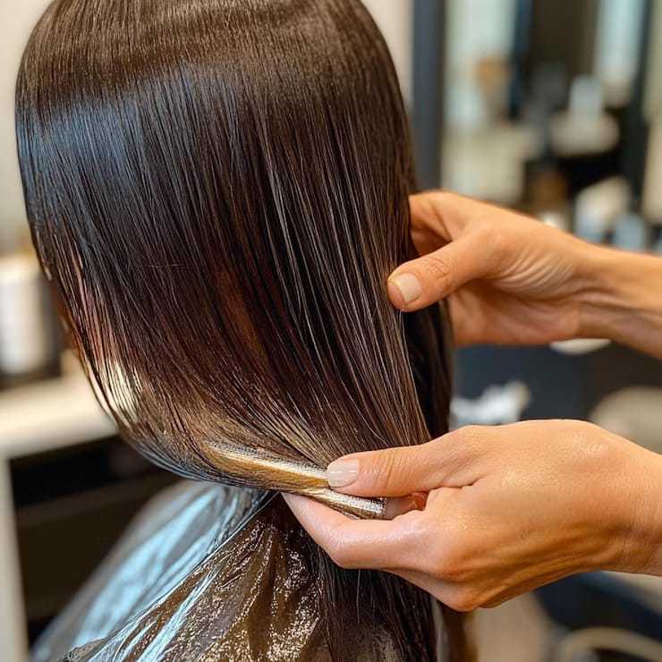 Stylist applying hair treatment to a client's smooth, shiny hair in a salon.