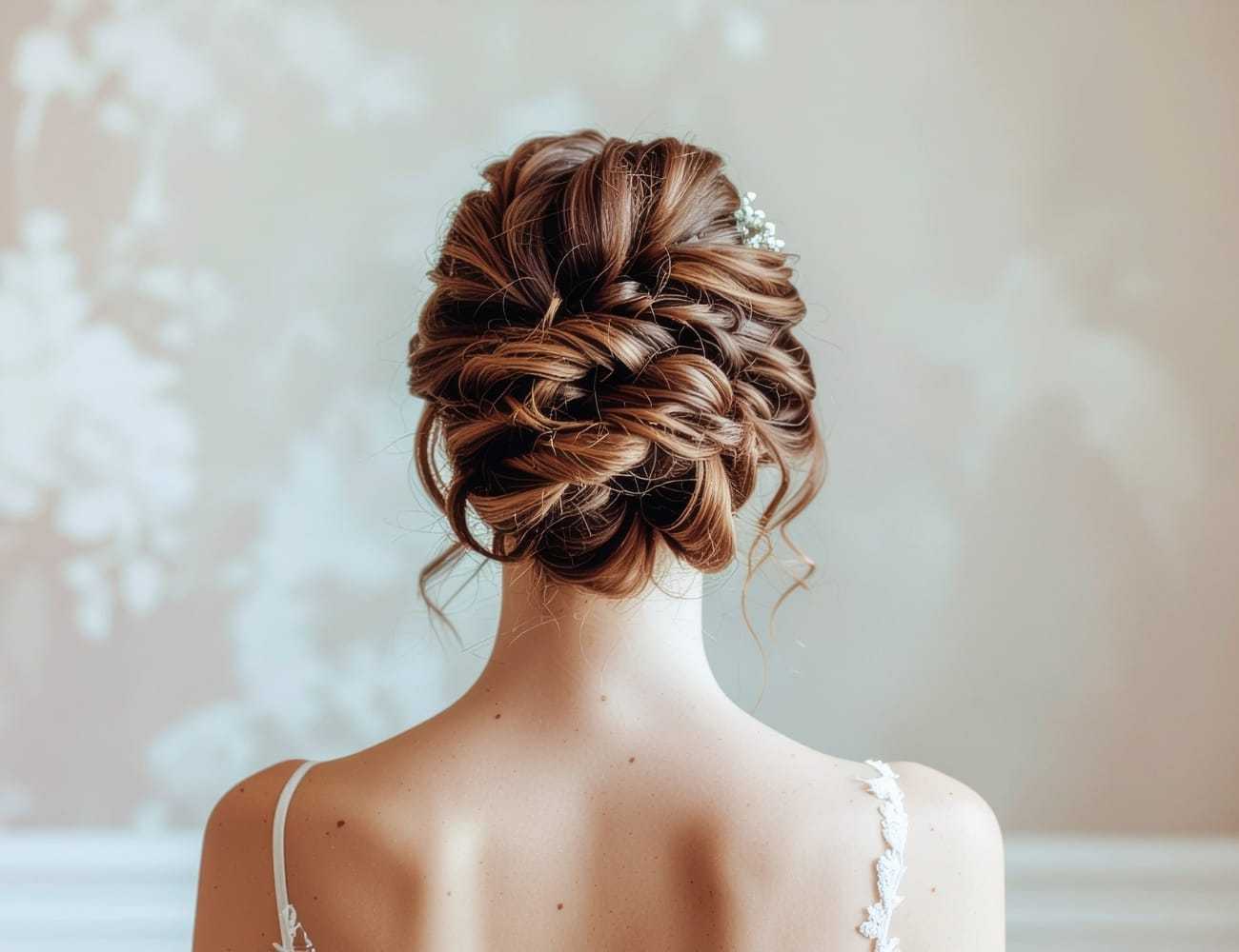 Elegant braided updo hairstyle on a woman in a white dress, shown from the back.